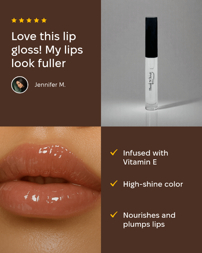 Lip gloss with customer review and product features on a brown background