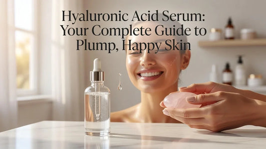 Professional header image for educational tutorial: Hyaluronic Acid Serum: Your Complete Guide to Plump, Happ...