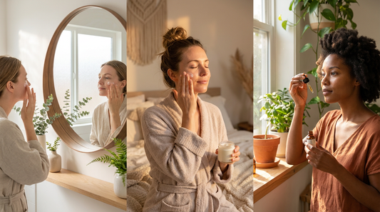 Three mothers practicing skincare in calm, sunlit spaces representing spiritual self-care, inner peace, and natural beauty