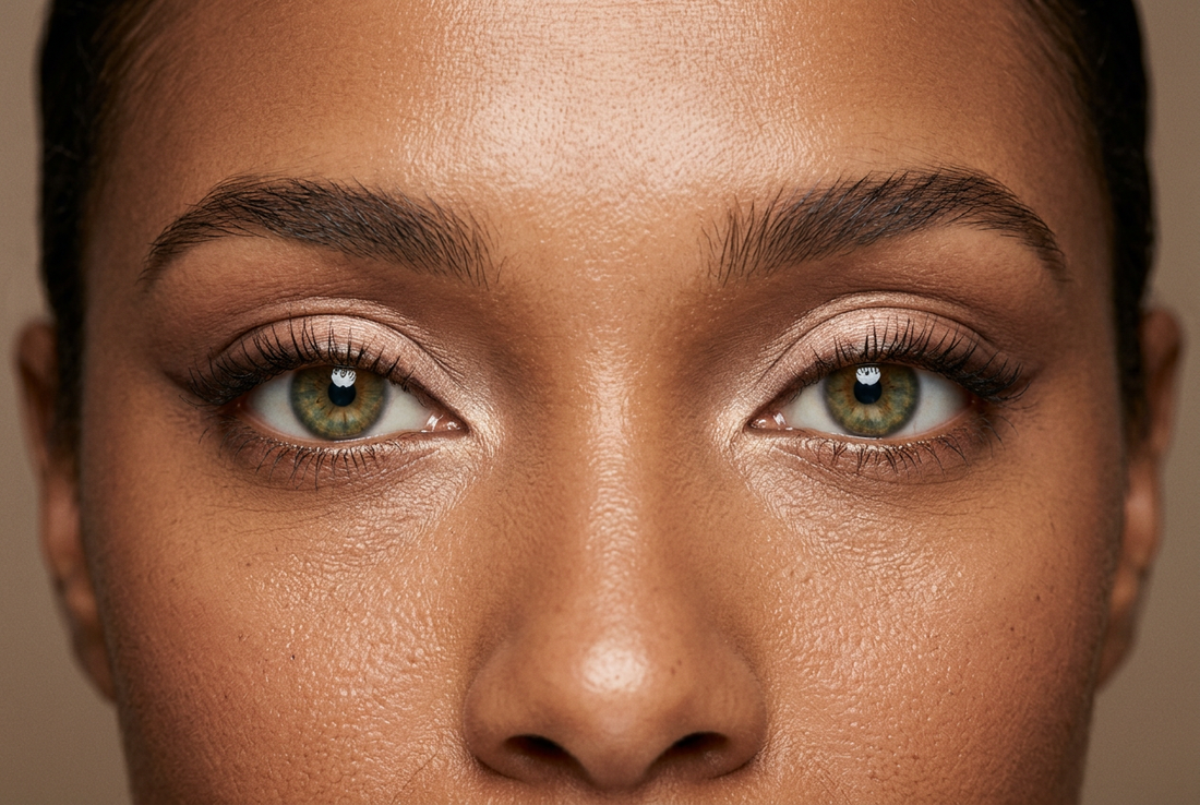 Close-up of hazel-green eyes with luminous champagne eyeshadow, softly winged liner, and defined lashes.